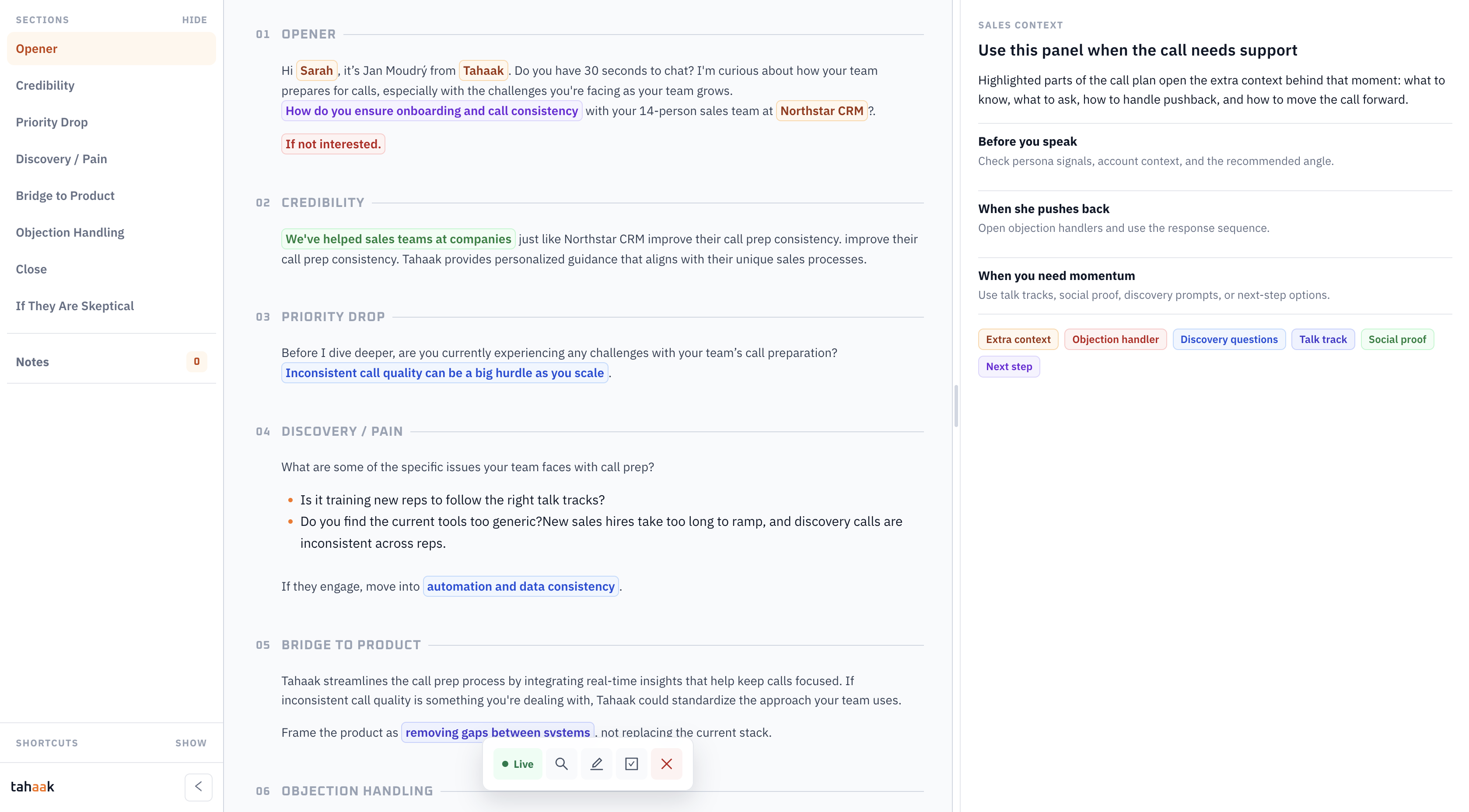 tahaak live call workspace showing call sections, guidance, context, and notes